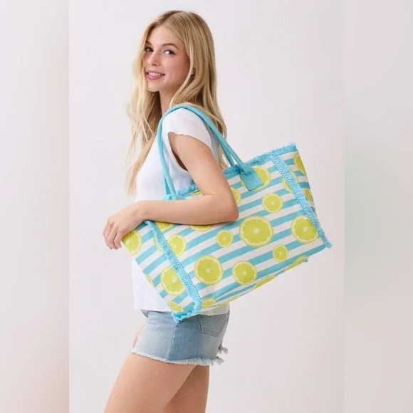 Sliced Lemon Striped Tote Bag|Blue+Yellow - Picture 5 of 5